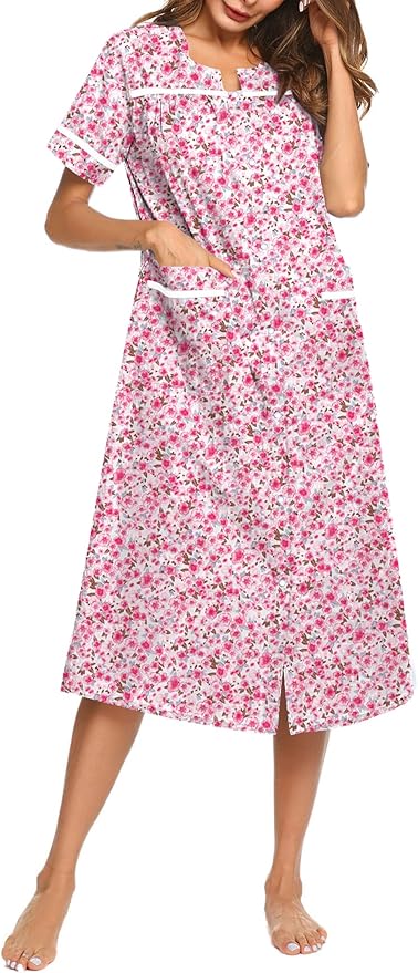 Ekouaer Womens Snap Front Dusters Cotton Housecoat Short Sleeve Nightgown House Dress With Pockets