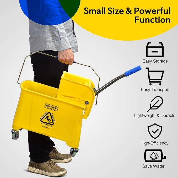 Matthew Cleaning 22 Quart Compact Mop Bucket INCL.2 Pack Mop Head with Side Press Wringer On Wheels,Tandem Portable Floor Cleaning Wavebrake,Ideal for Household,Industrial,Restaurant,Janitorial Use