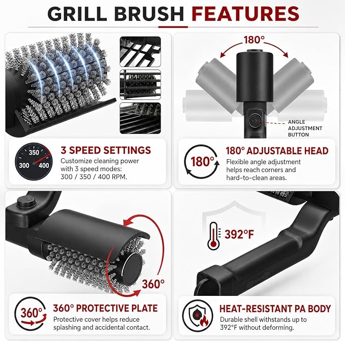 Electric Grill Brush Rechargeable, Cordless Rotary BBQ Cleaner with 3 Speeds, 180° Adjustable Head, Detachable Brush Heads for Outdoor Gas and Charcoal Grills, Black