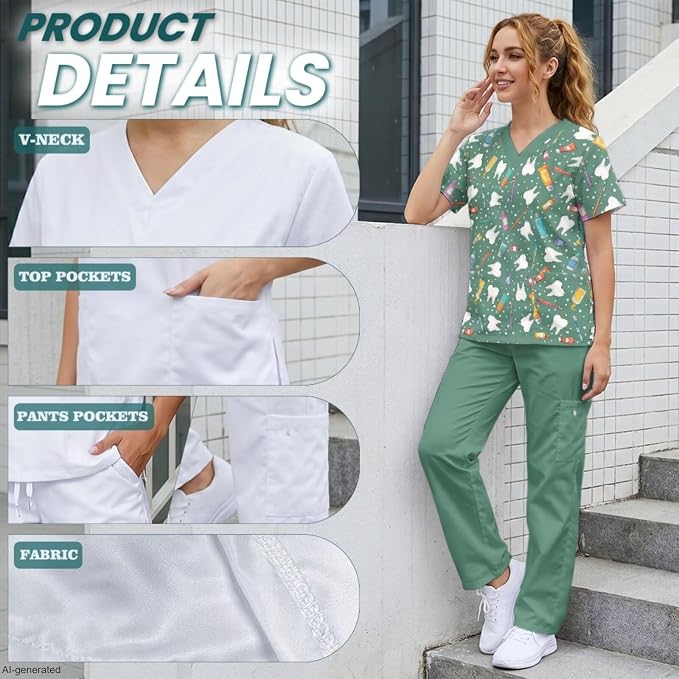 Gomyblomy Women's Scrubs Suit 3-Piece Set | Teeth Print V-Neck Top & Pants & Cap, Breathable and Stretch Fabric, S-5XL