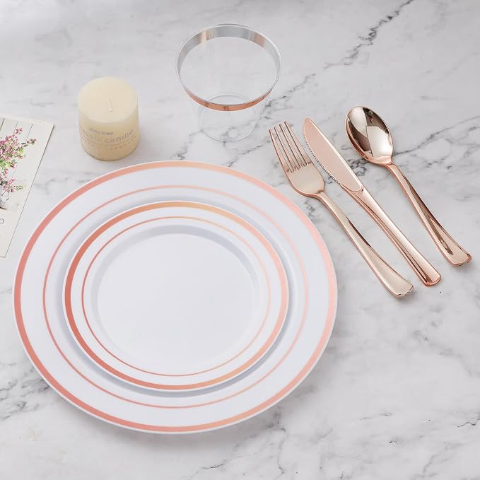 BESTVIP 600PCS Plastic Dinnerware Set (100 Guests), Rose Gold Disposable Plates for Party, Wedding, Christmas, Anniversary, Includes: Dinner Plates, Dessert Plates, Cups, Spoons, Forks and Knives