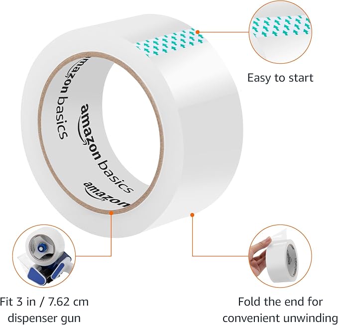 Amazon Basics Packaging Tape for Shipping, Moving, Storing and Sealing, Clear, 1.88 in x 54.6 yds, 36-Pack