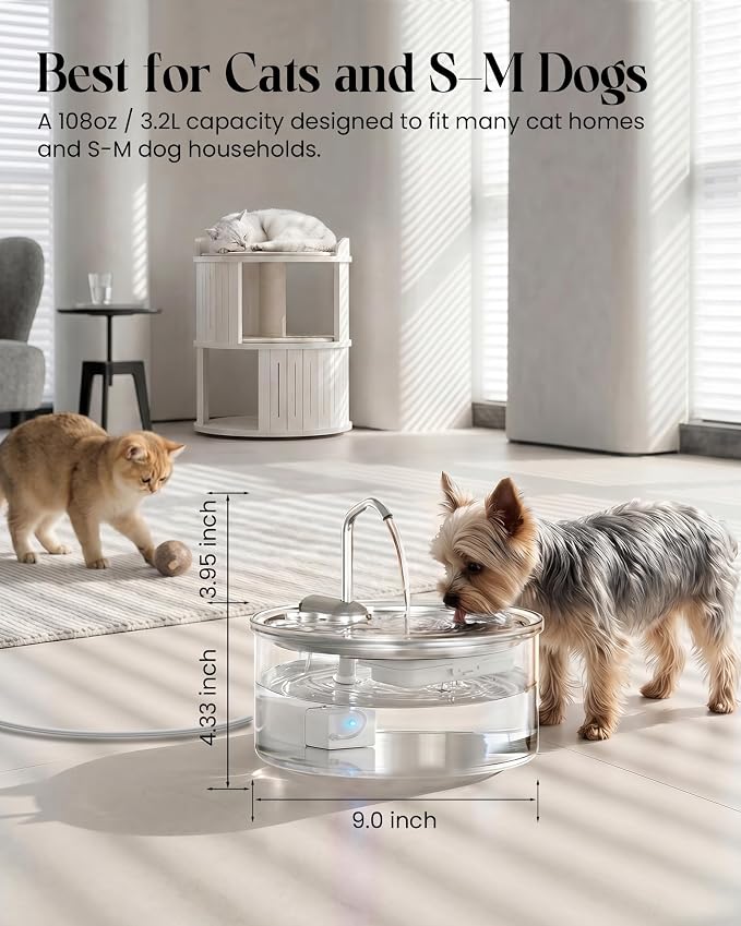 Tomxcute Glass Cat Water Fountain, 108oz Quiet Pet Dispenser for Drinking | Prevents Feline Acne, Visible Water Level, Sleep-Friendly Silent Pump, Dishwasher Safe, 3-Layer Filtration
