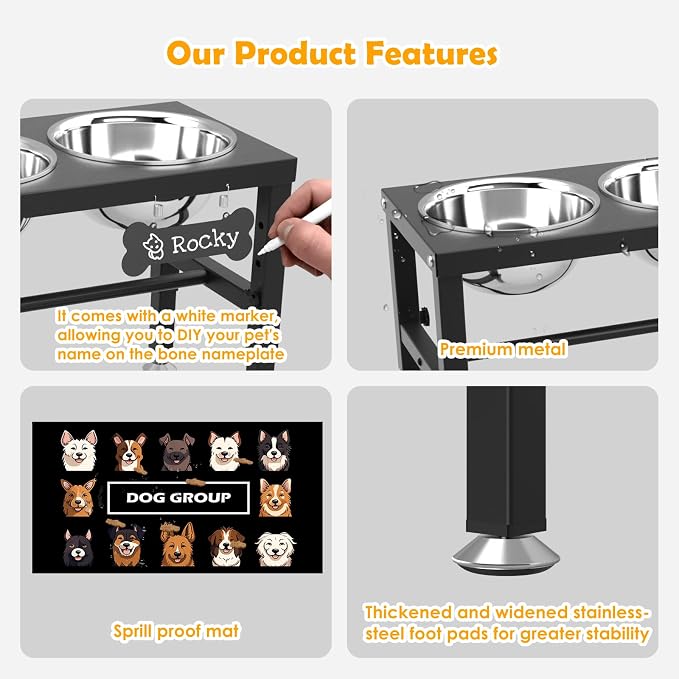 Extra Large Elevated Dog Bowls, 4 Adjustable Height with Three 101oz/3000ml Large Stainless Steel Bowls and Splash pad, Raised Dog Bowl Stand for Large and Extra Large Breeds