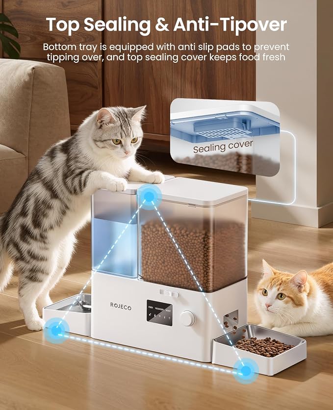 2-in-1 Automatic Cat Feeder & Water Dispenser,WiFi Control Feeding | 2.4G WiFi APP/Timed Feeding/5L Food Feeder,3.5L Water Fountain/Stainless Steel Bowls/Detachable Clean/White