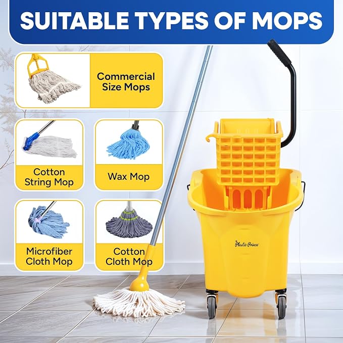 PLASTIC PRINCE Commercial Mop Bucket with Wringer on Wheels, Heavy Duty Industrial Mop Bucket and Wringer for Home Office Restaurant Business, 26 Quart - Yellow