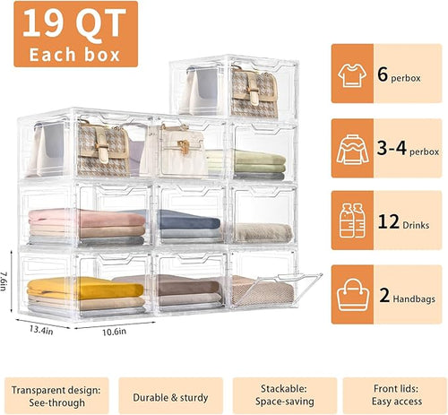 10 Pack Clear Storage Bins with Lids, 19 Qt Closet Organizers and Storage | Stackable, Magnetic Doors, Clothes Organizers and Storage, Purse Organizer, Craft Containers