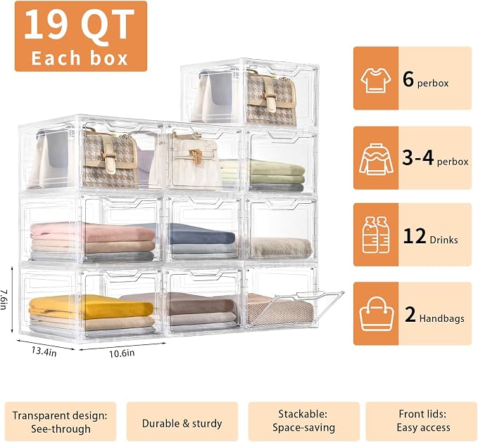 6 Pack Clear Storage Bins with Lids, 19 Qt Closet Organizers and Storage | Stackable, Magnetic Doors, Clothes Organizers and Storage, Purse Organizer, Craft Containers