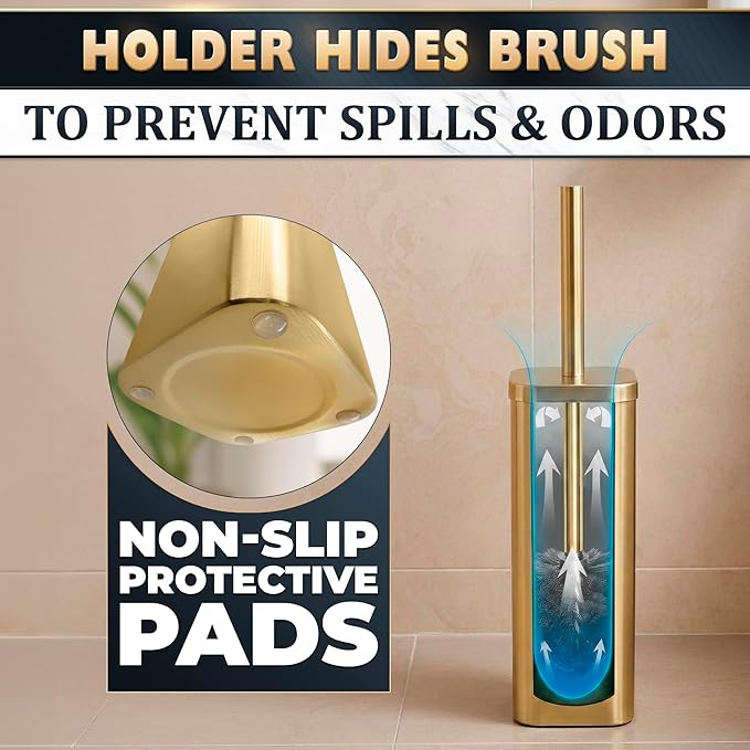 Gold Toilet Brush with Square Holder - Toilet Brush and Holder Set Gold, Stainless Steel Handle with Splash Shield, Replaceable Head and Removable Inner Cup - Freestanding Bathroom Toilet Cleaning Set
