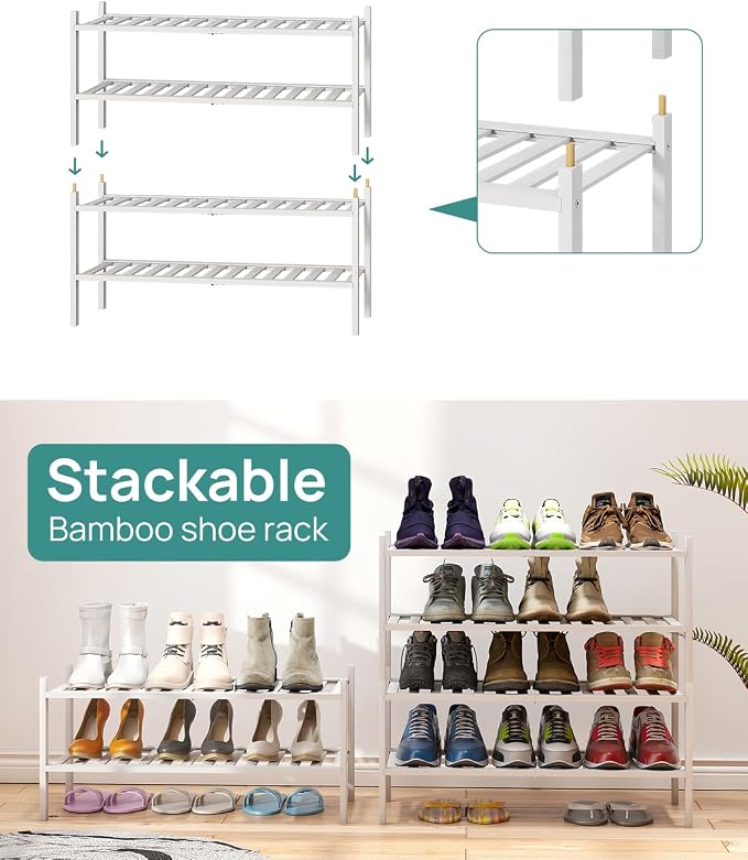 viewcare White Shoe Rack for Entryway, 2 Tier Shoe Organizer for Hallway Closet, Bamboo Wood Shoe Racks for Indoor Outdoor (White, 2-Tier)