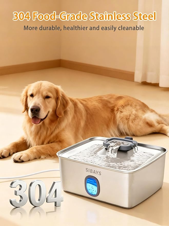 SIBAYS 4Gal/15L Large Dog Water Fountain, Stainless Steel Pet Fountain with Water Window & LED Light, Ultra Quiet Automatic Dog Water Bowl Dispenser for Large Dogs & Multi-pet, Easy to Clean FS76