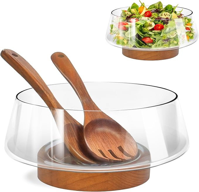 Extra Large Glass Salad Bowl Set, Clear Salad Bowl with Solid Wood Base Servers, Elegance Salad Serving Bowls for Kitchen Utensils and Party
