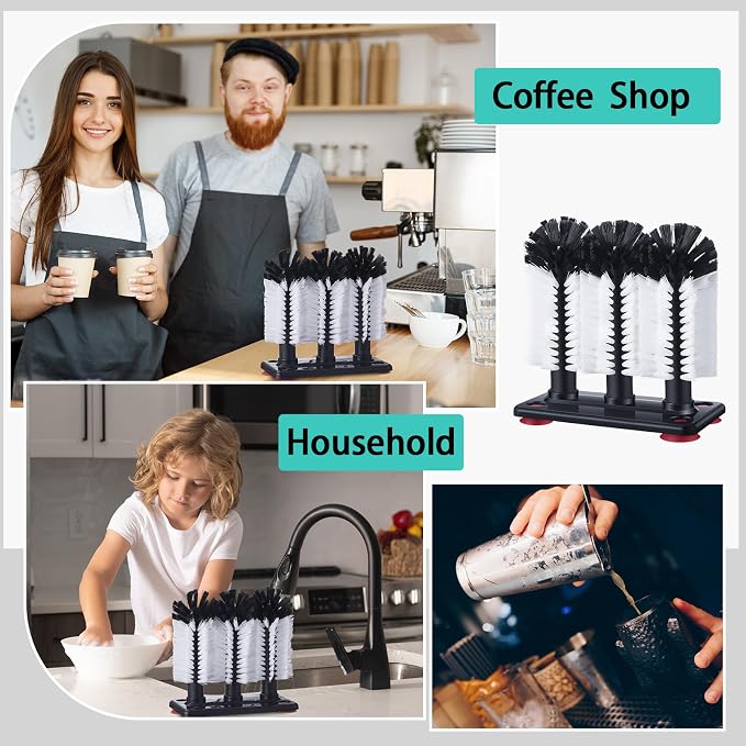 Havawish 3 Pack Water Bottle Cleaning Brush with Suction Base, 3 Head Bristle Bar Glass Washer for Sink, Cup Washer Brush Cleaner for Bar Beer Cup, Wine Glass(7.3 x 3.7 x 7.5)