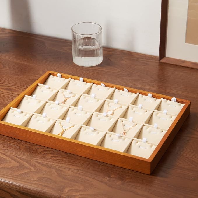 Oirlv Wood 24 Grids Jewelry Tray with Removable Inserts Jewelry Pads Necklace/Pendant Display Organizer Tray(Creamy White)