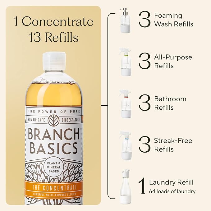 Branch Basics Premium Starter Kit in Glass: All Purpose Cleaner, Glass Cleaner, Bathroom Cleaner, Wash Bottle, and Laundry Bottle (3 Glass Spray Bottles + Concentrate) Fragrance-Free