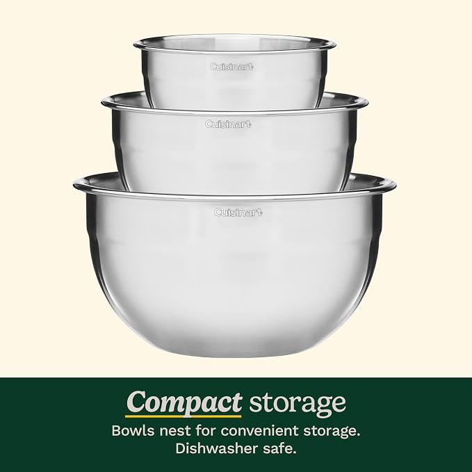 Cuisinart Mixing Bowl Set, Nesting Bowls, Stainless Steel, 3-Piece | 1.5, 3 & 5 qt. stainless steel mixing bowls for baking, cooking & prep, dishwasher safe, durable & compact, CTG-00-SMB