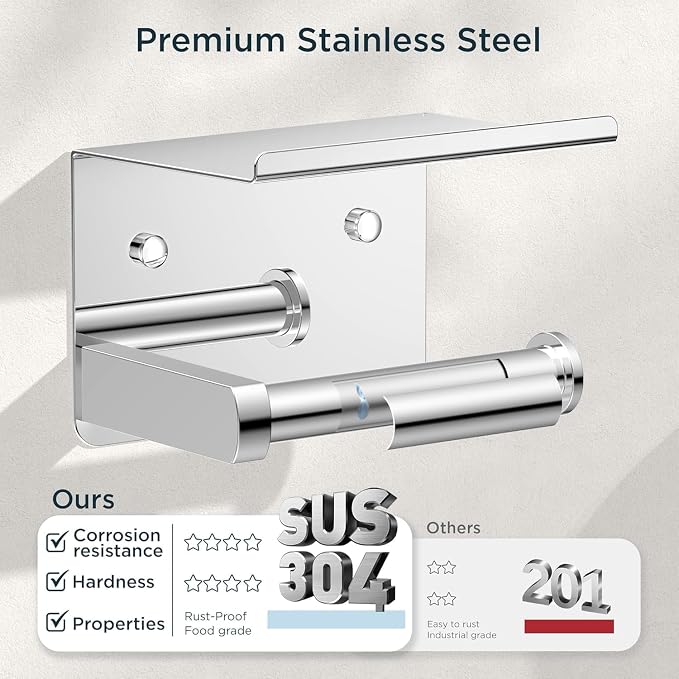 FORIOUS Bathroom Hardware Accessories Set, SUS304 Stainless Steel 24 Inch Towel Bar Set Wall Mounted, Modern Toilet Paper Holder with Shelf for Bathroom, 5 Pieces, Chrome