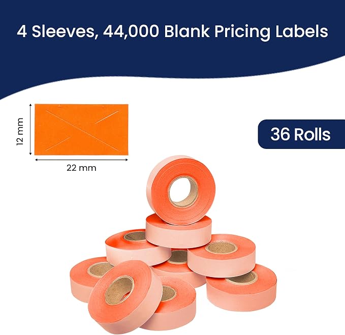Perco Fluorescent Red Price Marking Labels - 44,000 Blank Labels for Garvey Contact 22-6/22-7/22-8 Price Gun with Ink Roll Included - 36 Rolls, 4 Sleeves - Made in USA
