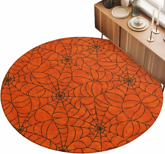 Round Area Rug 4', Orange Halloween Washable Area Rugs for Kitchen Bathroom Bedroom Office Dining Room, Black Spiders Net Classic Gingham Non Slip Door Mat Indoor Entrance Floor Throw Circle Carpet