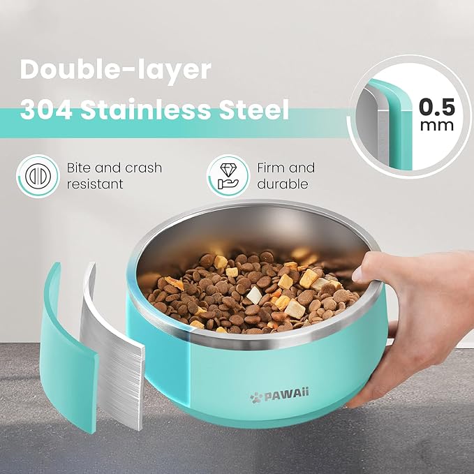 Pawaii Dog Bowl,34 oz Stainless Steel Food and Water Bowl,ID Tag,1 Pack | Double-Wall Design,Non-Slip Rubber Base,Dishwasher Safe,Smooth Open Design, Not a Slow Feeder,Easy-Rinse Interior