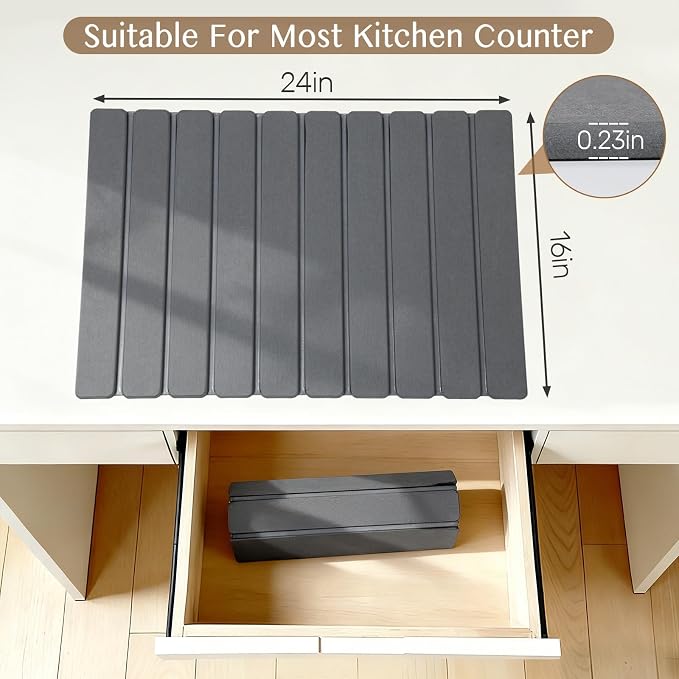 Large Stone Dish Drying Mat for Kitchen Counter, Thin & Light Quick Dry Stone Bath Mat, Foldable Water Absorbing Diatomite Drying Pad for Kitchen Bathroom Sink Countertop (Pure Gray 24"×16" & 8"x4")