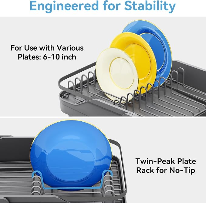 Urackify Expandable Dish Drying Rack for Small Kitchen Counter, Matte Grey | Adjustable Capacity, Self-Draining Drainboard, Heavy-Duty Steel Frame, Stable Plate Rack, Fits Most Sinks