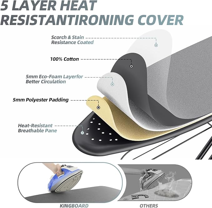 KINGBOARD Ironing Board, Compact Iron Board Full Size with Extra Thick Cover, 7 Adjustable Heights Stand with Hanger and Iron Rest, Large Heavy Duty Ironing Board with Storage Tray, 13x43 Black