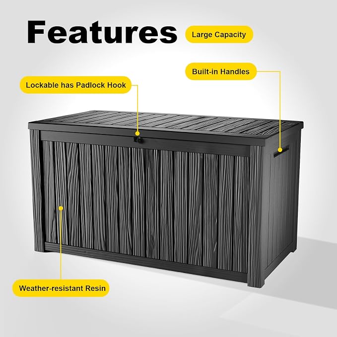 DRATO 200 Gallon Deck Boxes Outdoor Waterproof, Lockable Outdoor Storage Box for Patio Furniture Pool Supplies Garden Tools, Weatherproof Resin Storage Box for Backyard (Black, 200 Gallon)
