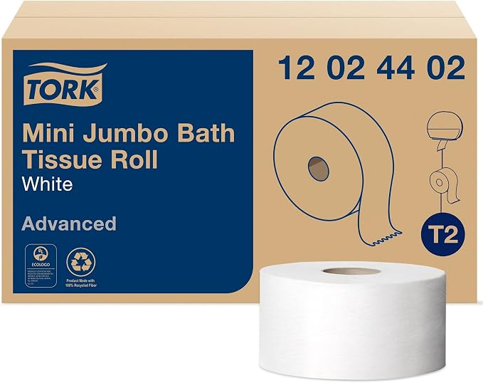 Tork Matic Extra Soft Paper Hand Towel Roll White with Blue Leaf H1 (6 Rolls) and Tork Mini Jumbo Toilet Paper Roll White T2 (12 Rolls)