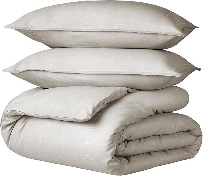 Bare Home Duvet Cover - Queen Size Bedding Set - Premium 1800 Super Soft Collection - Lightweight, Cooling - Soft Breathable Duvet Cover (Queen, Grid – Stone/White)