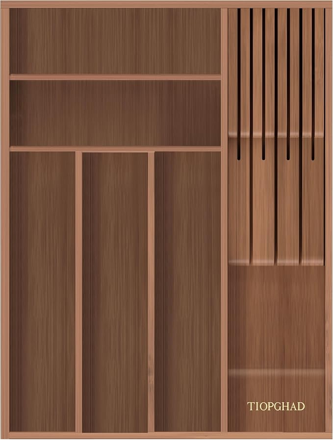 TIOPGHAD Small-Bamboo-Silverware-Drawer-Organizer, Expandable Utensil Kitchen Cutlery Tray Flatware Organization Wood Tableware Dividers Storage (with Removable Knife Block)(Brown)
