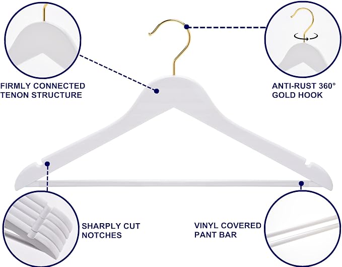 Amber Home 30 Pack White Wooden Coat Hangers with Gold Hook, White Wood Suit Hangers with Non-Slip Pant Bar, Clothes Hangers for Closet Organization, Shirts, Jackets, Dresses and Pants (White+Gold,30)