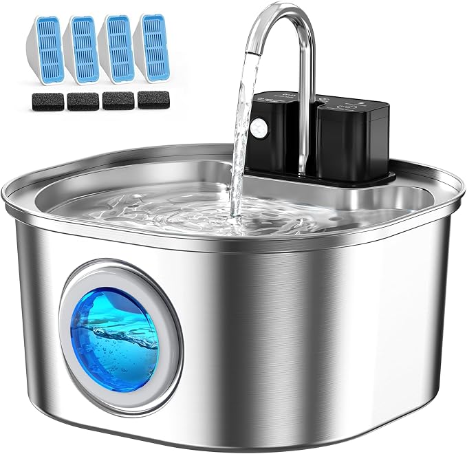 Voluas Stainless Steel Cat Water Fountain, Wireless, 108oz/3.2L, 4 Filter | Cordless Design, Ultra-Quiet Pump, Easy to Clean, BPA-Free