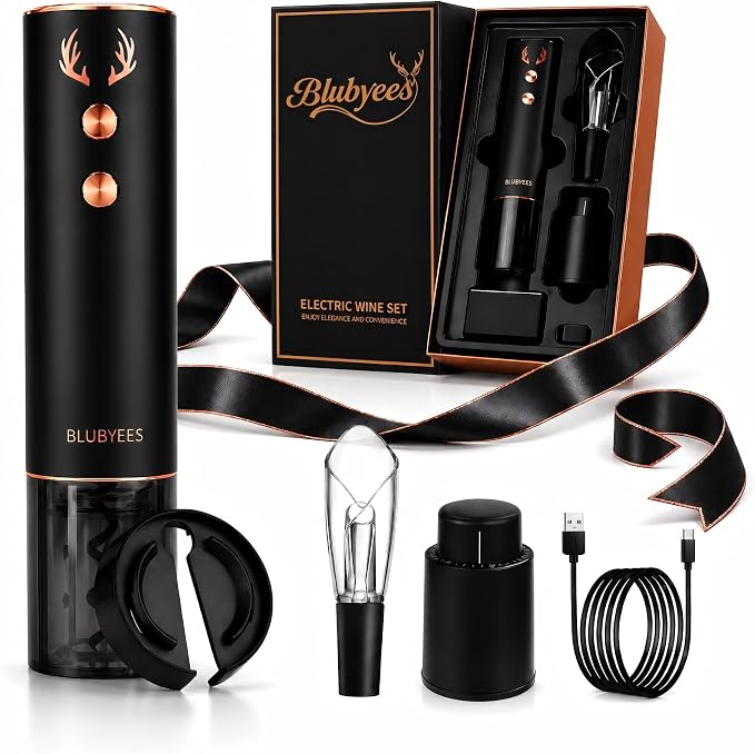 BLUBYEES 4-in-1 Electric Wine Opener Set – Rechargeable Automatic Corkscrew, Foil Cutter, Aerator & Vacuum Stopper, Wine Accessories Gift Set for Dad, Father’s Day Gifts for Men, Husband, Wine Lovers