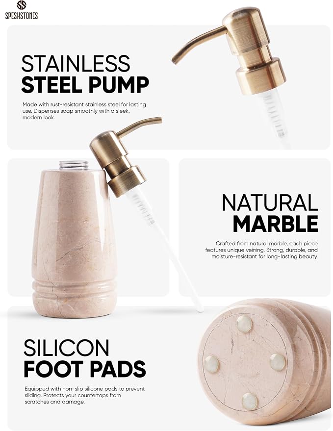 Marble Soap Dispenser 7.5'' Beige Dish Soap Dispenser with Stainless Steel Pump, Refillable Liquid Hand Soap Dispenser with 8.5 Oz Capacity for Kitchen Sink and Bathroom Countertop