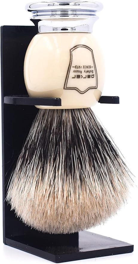 Parker Pure Badger Shaving Brush with Faux Ivory & Chrome Handle + Stand | 22mm Knot for Rich Lather | Handcrafted Shaving Tool for Cream or Soap | Classic Wet Shaving Brush | Iconic Brand