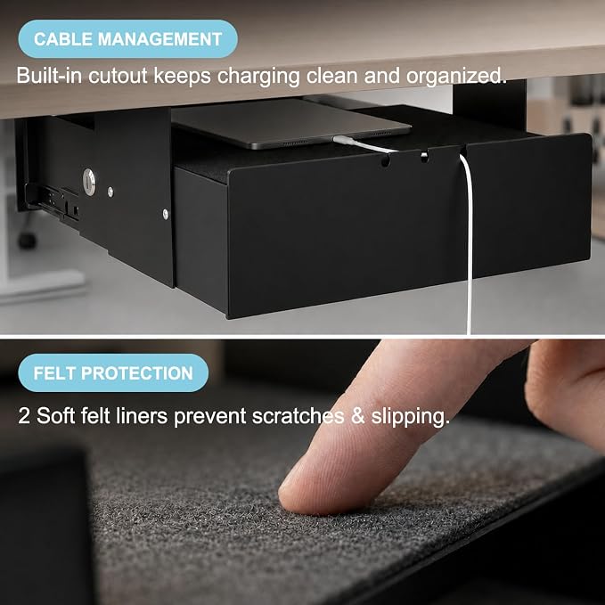 Under Desk Lockable Drawer, Slide-Out Storage Organizer with Full Extension Ball-Bearing Slides, Carbon Steel Undermount Drawer for Home Office Standing Desk, Black, 13.8 Inch