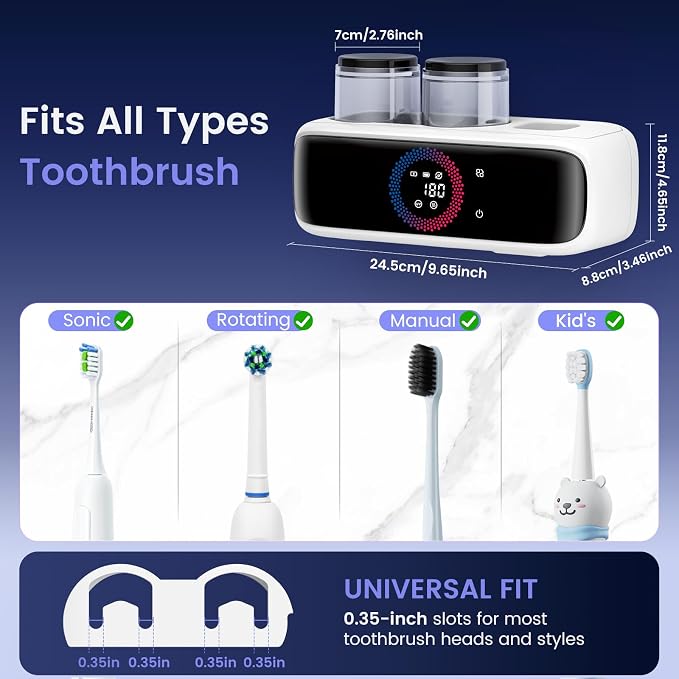 Electric Toothbrush Holders for Bathrooms, UV Tooth Brush Holder&Fan Drying | UV Sanitizer & Fan Drying, 4000mAh Large Battery, Washable Inner Rack, 2 Cups & Toothpaste Holder Wall Mounted Organizer