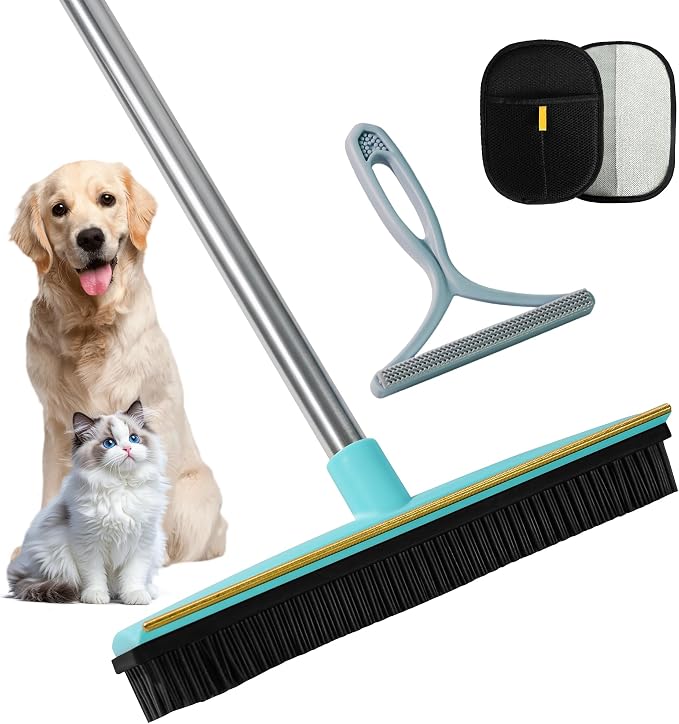 3 in 1 Carpet Rake for Pet Hair Removal Tool, Rubber Broom 58 Inch Adjustable Long Handle Carpet Scraper for Dogs and Cats, Carpet Brush Lint Remover for Carpets, Rugs, Mats, Couch