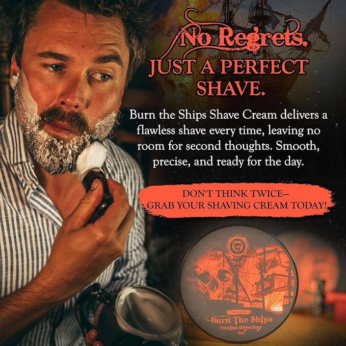 Burn The Ships Shaving Kit | Ceramic Skull Shave Bowl & Cream | Wet Razor Lather Mug | Hot Scuttle for Traditional Grooming | Shaving Soap Gift Set | Barber Accessories for Men