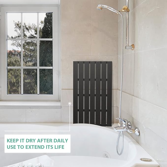 Bamboo Wooden Bath Floor Mat for Luxury Shower - Non-Slip Bathroom Waterproof Carpet for Indoor or Outdoor Use (Black,31.3 x 18.1 x 1.5 Inches)