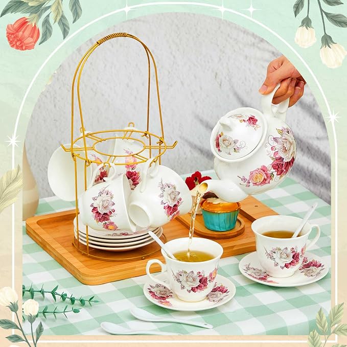 Zhehao 20 Pcs Porcelain Tea Set with Metal Holder and Spoon Adult Ceramic Tea Set European Flower Painting Teapot Cup Saucer Spoon for Women Mom Gift, Large Version (Grace Style)