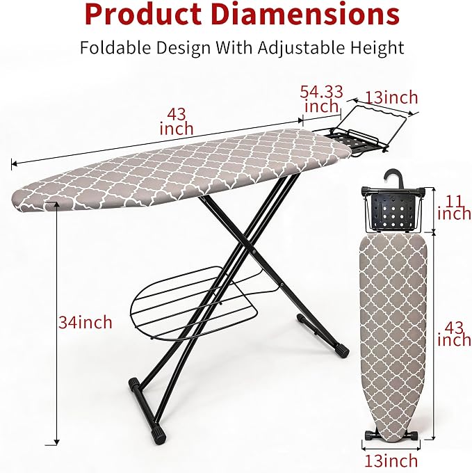 Ironing Board, 43"×13" with Iron Rest, 7 Adjustable Height & Clothes Shelf | Iron Board with Bulit-in Hook and Hanger Bar, 4 Layer Heat Resistant Cover and Pad for Home Apartment Dorm Laundry Room, Gray