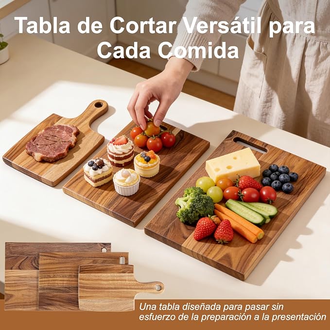 Acacia Wood Cutting Board Set of 3 with Stand, Multi-Size Wooden Chopping Boards for Kitchen Food Prep, Charcuterie, Cheese and Serving, Space-Saving Storage