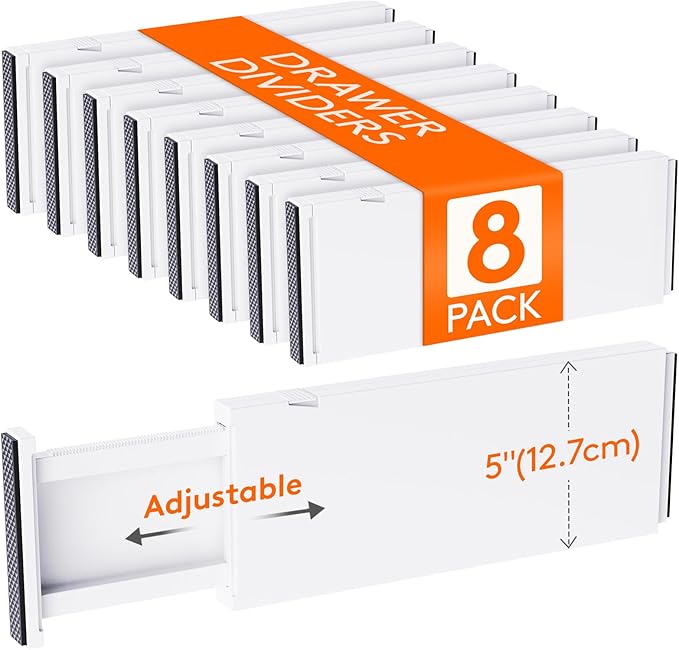 Lifewit 8 Pack 5" High Drawer Dividers 34-56cm/13.5-22" Adjustable Drawer Organizer for Clothes/Utensils, Expandable Drawer Separator in Dresser/Kitchen/Bedroom/Office Organization & Storage White