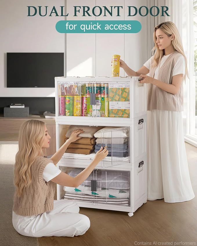 OlarHike 97QT Stackable Storage Bins with Lids - Folding Storage Box with Doors & Wheels, Collapsible Plastic Drawers for Closets and Organization, Garage, College, School, Shelves, Dorm, 5 Pack Cubes