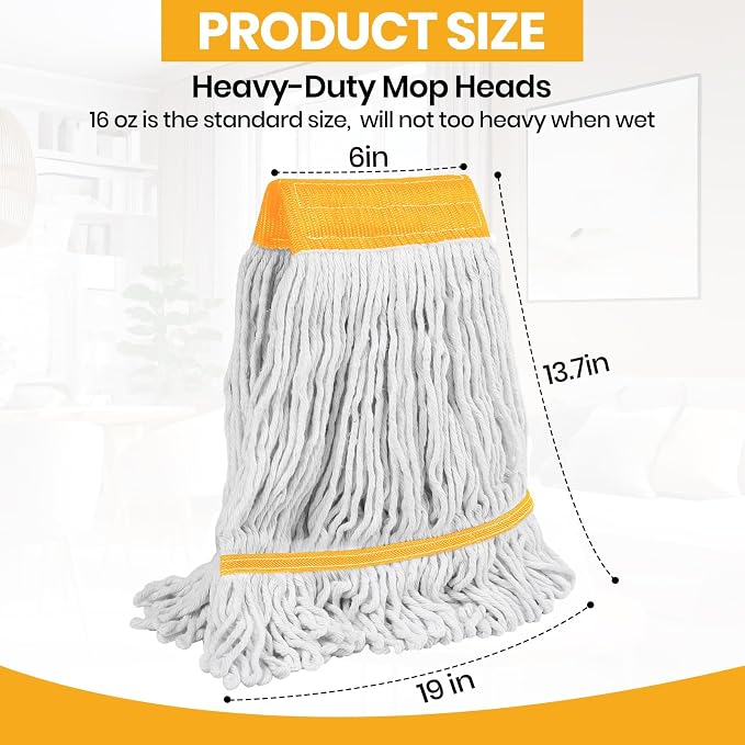 (1PK) Commercial Mop Head Replacement 16 oz, Heavy Duty Wet Industrial Mop Refills for Floor Cleaning, Cotton, String, Loop-Ended, 4.5” Headband, Janitor Supplies
