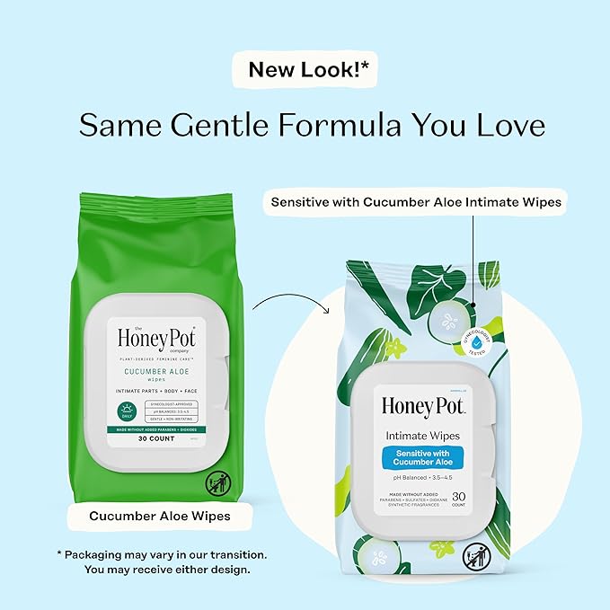 The Honey Pot Company - Sensitive w/Cucumber Aloe Feminine Hygiene Wipes - pH Balancing, Herbal Infused Plant-Based Feminine Care for Sensitive Skin - Cleansing Wipes for Women - 30ct