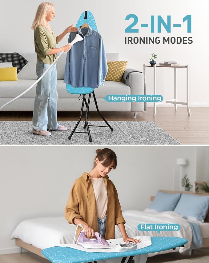 LyriFine Ironing Board, 2-in-1 Ironing and Steaming Board, 14″ x 43″ | Sturdy Steel Frame Iron Board with Non-Slip Feet, Heat Resistant Cover Iron Board, Foldable Ironing Board with Hook, Green