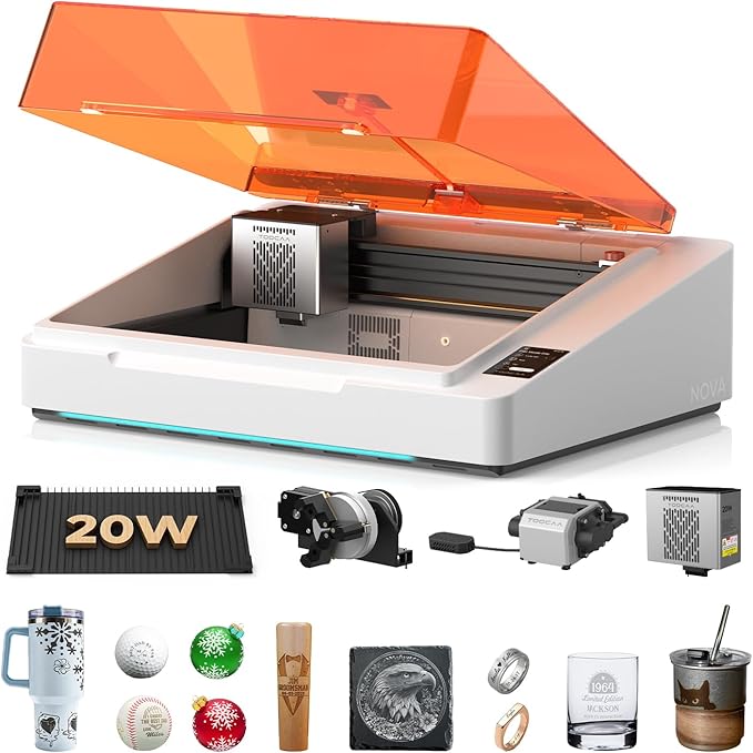 TOOCAA NOVA 20W Smart AI Laser Engraver & Cutter, Fully Enclosed Class 1 Safety, 5MP AI Positioning Camera & Auto Focus, 360° Rotary & Air Assist, Dual-Channel Exhaust for Cleaner Cuts & Less Smoke